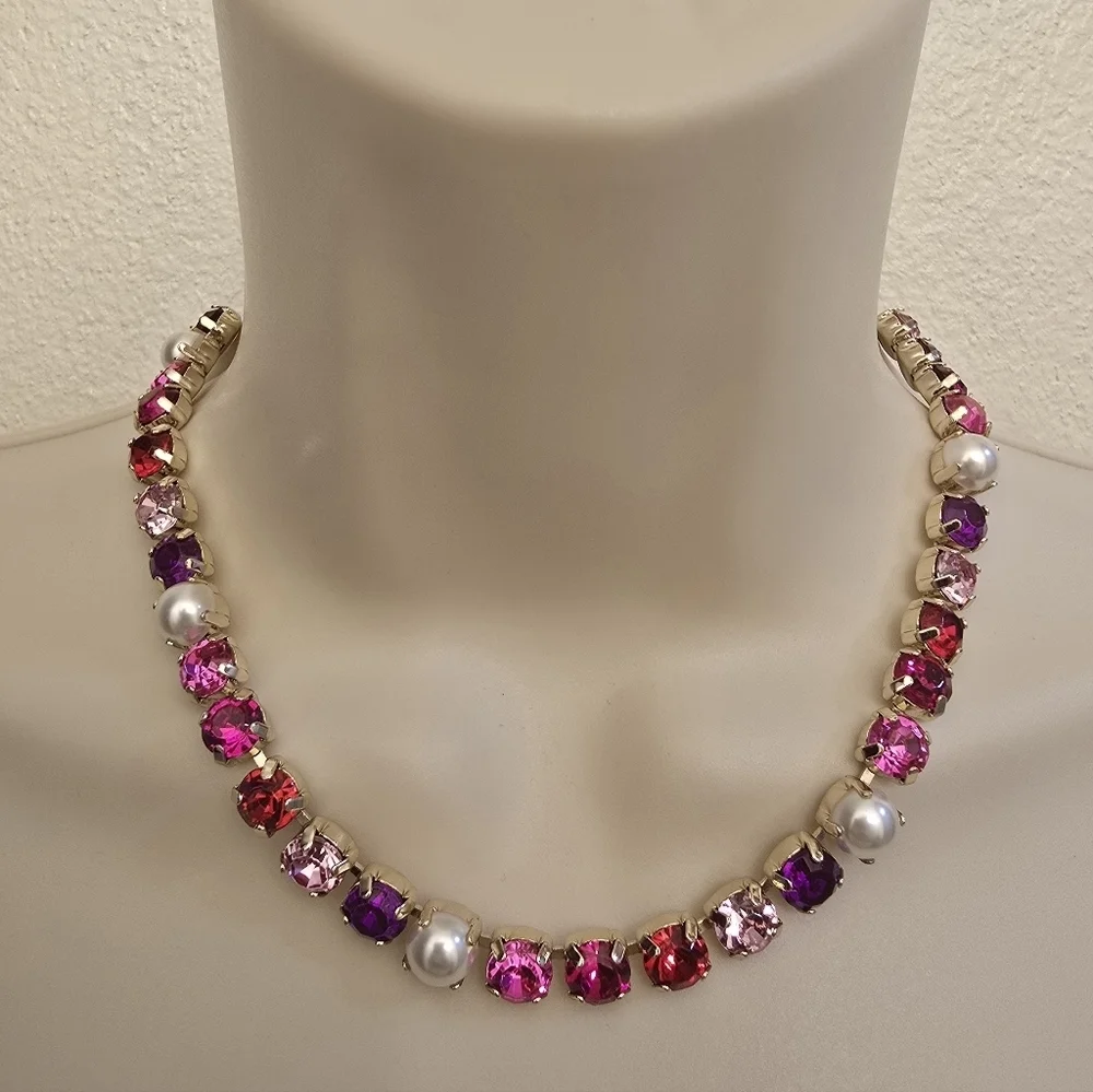 NWT J. Crew Ladies Fuchsia Pink/Purple Crystal And Pearl Statement Necklace